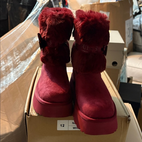 Guess Red Fur Boots with Bow Accent - Picture 2 of 6